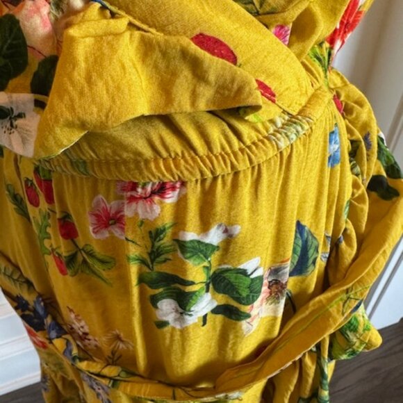 Anthropologie Maeve Floral Faux Wrap strawberry Gold Mustard Yellow Dress - Picture 13 of 16